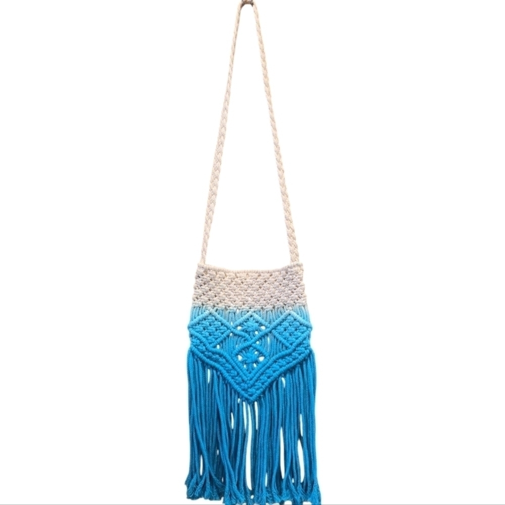 Mossimo Boho Fringe Macrame Fringe Purse Turquoise and White NWOT